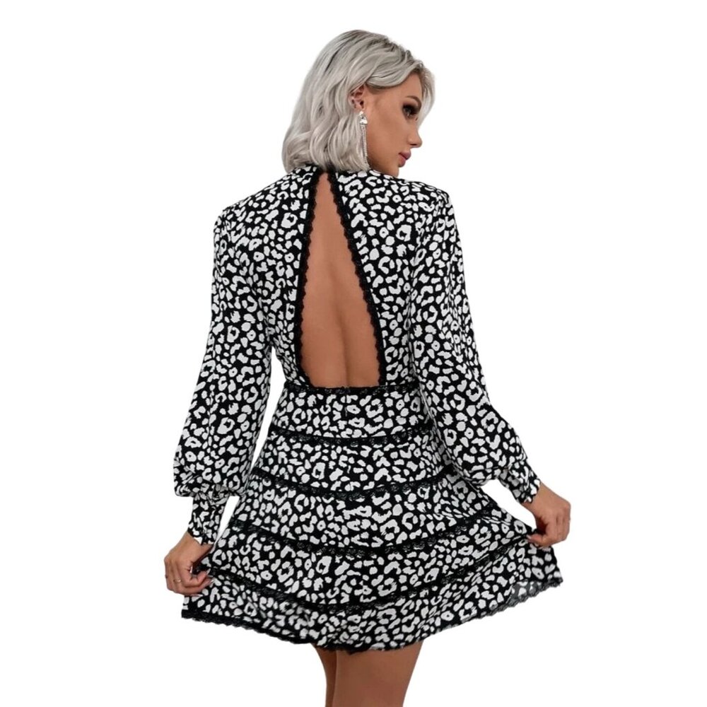 Eilly Bazar Animal Print High Neck Long Sleeve Lace Tiered Open Back Dress, NWT - Picture 2 of 11